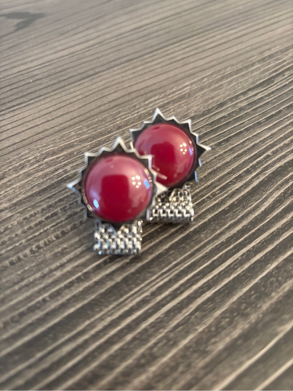 Vintage Sunbeam Red Mesh Cuff Links- Silver tone
